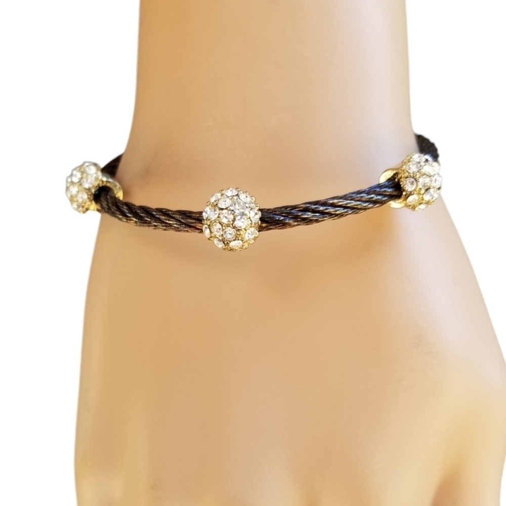 VINTAGE DARK BLACK/GREY CABLE BRACELET DETAILED WITH PAVE CRYSTAL BEADS